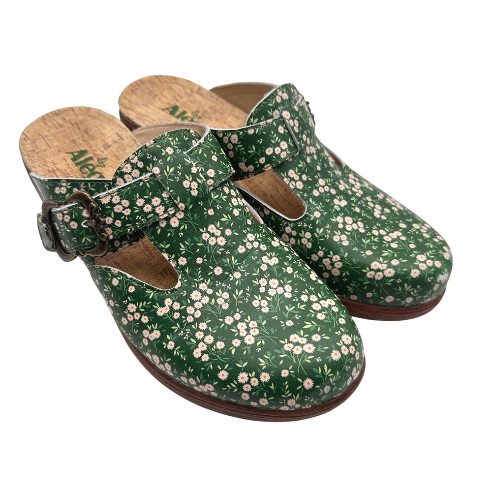 Alegria Selina Green Acres Floral Leather Clogs Swivel Strap Shoes Size 37/7-7.5